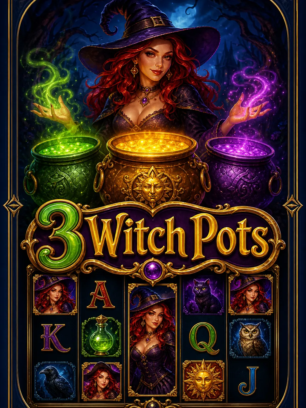 3 Witch Pots screenshot - witches brewing potions across a 5x4 reel grid