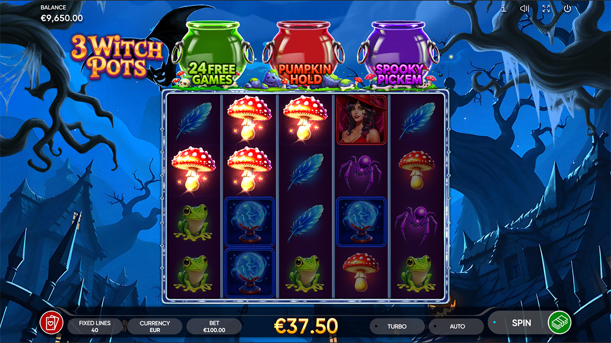 3 Witch Pots Spooky Pick'em bonus with gemstone prizes