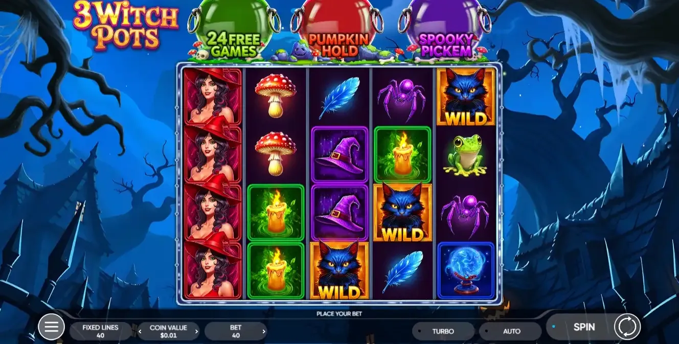3 Witch Pots paytable with the black cat wild symbol